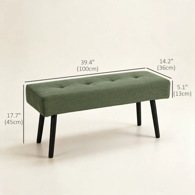 HOMCOM 39" Upholstered Ottoman Bench, Corduroy Entryway Bedroom Bench with Padded Seat and Steel Legs for Bedroom, Green