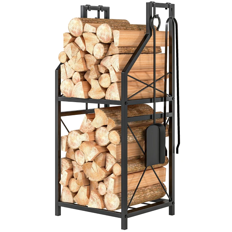 Outsunny Firewood Rack with 4 Fireplace Tools, 2-Tier Metal Log Holder with Hooks, 132 lbs Capacity for Indoor Outdoor, Black