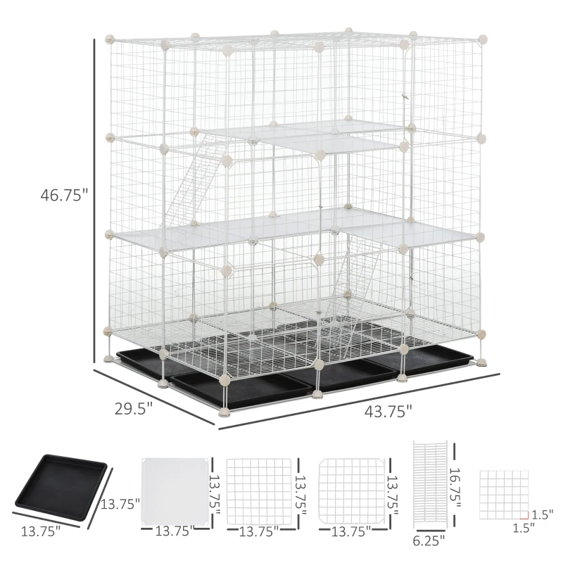 PawHut Small Animal Playpen C&C Cage Wire Bunny Pen for Kitten, Chinchillas, with Doors, Ramps and Trays, White