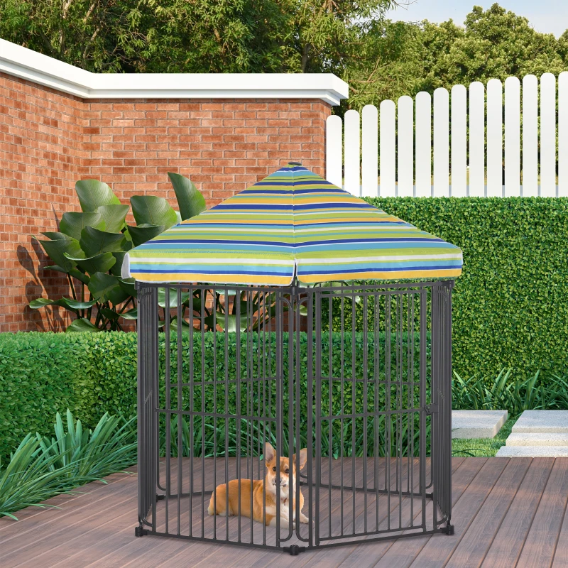 PawHut 60" x 52" Heavy-Duty Metal Dog Playpen, Outdoor Pet Cage Kennel, Puppy Exercise Fence Barrier with Weather-Resistant Polyester Roof, Locking Door and Solid Black Frame