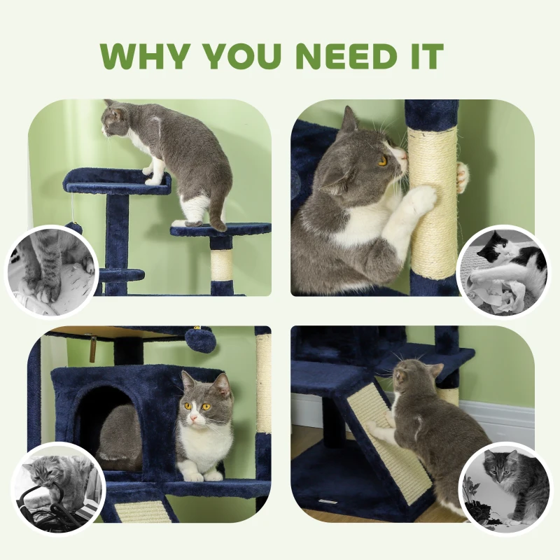 PawHut 54" Cat Tree, Multi-Level Cat Tower with Scratching Posts, Cat Condos, Bed, Platforms, Ramp, Toy Ball, Dark Blue
