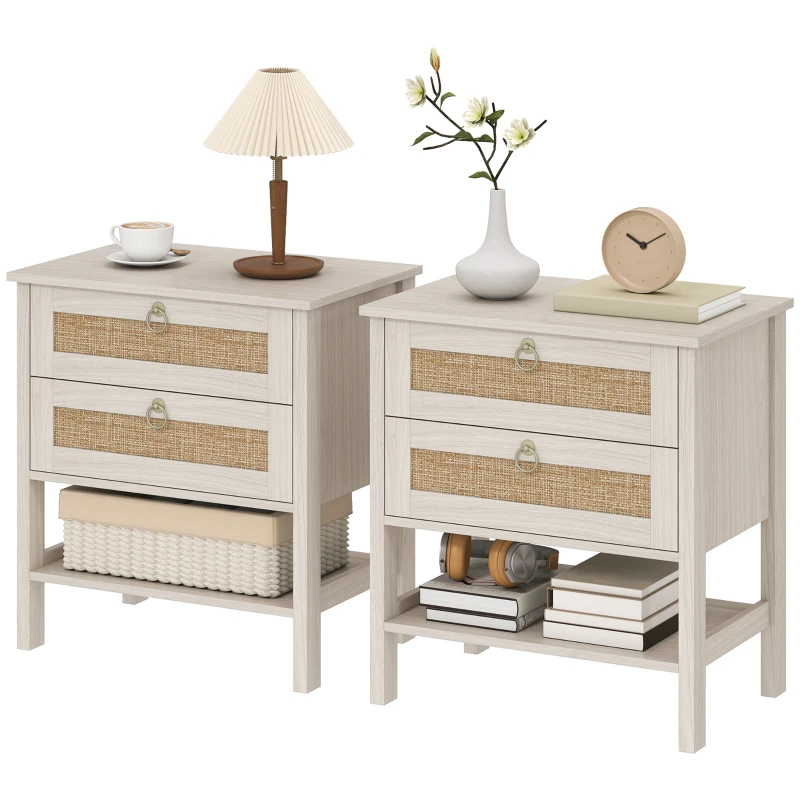 HOMCOM Set of 2 Boho Bedside Tables, Rattan Nightstands with 2 Drawers, Storage Shelf, End Side Tables for Bedroom, White Oak