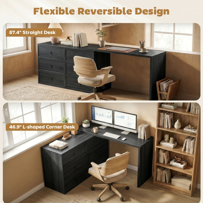 HOMCOM L Shaped Computer Desk Home Office Desk with 6 Drawers Black Wood Grain