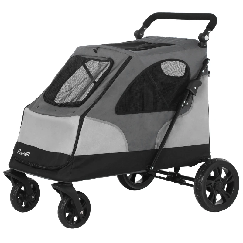 PawHut Pet Stroller Foldable Dog Cat Carriage with Adjustable Handlebar Rear Door EVA Wheel Brake Storage Bag Mesh Window Safety Leash Grey