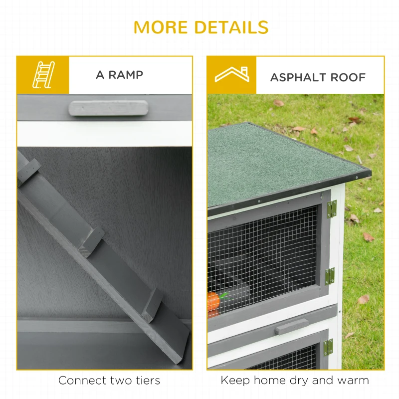 PawHut Wooden Bunny Rabbit Hutch, Small Animal Habitat with Ramp, Removable Tray & Weatherproof Roof, Indoor/Outdoor, Grey