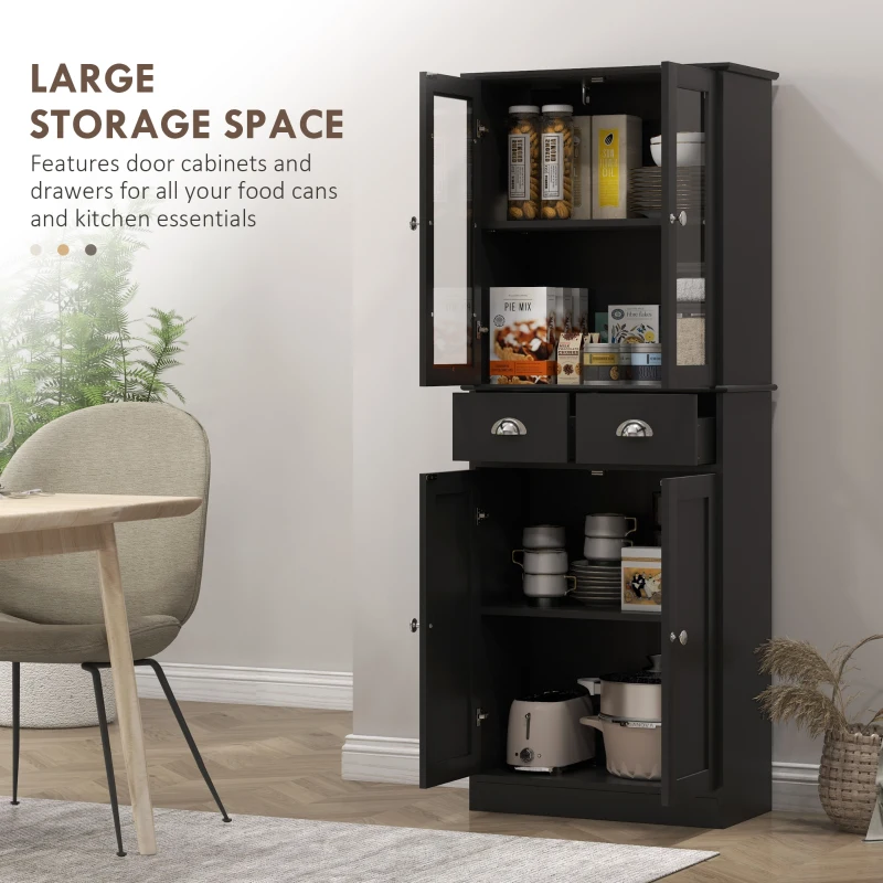 HOMCOM 61" Kitchen Pantry Cabinet, Freestanding Farmhouse Buffet Storage Cabinet with Soft Close Glass Doors and Adjustable Shelves, Black