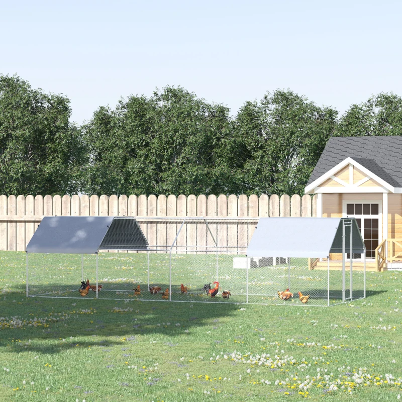 PawHut Large Chicken Coop Metal Chicken Run for Chickens with Waterproof and Anti-UV Cover, Flat Shaped Walk in Fence Cage Hen House for Outdoor and Yard Farm Use, 1.26" Dia, 9' x 24.9' x 6.5'