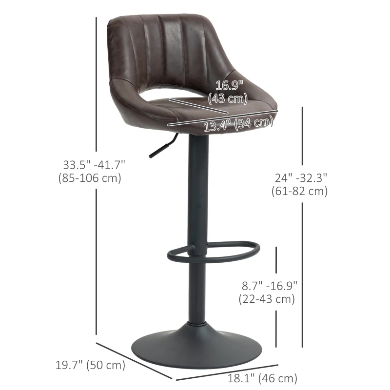 HOMCOM Swivel Bar Stools Set of 2, Faux Leather Upholstered Counter Height Barstools with Round Metal Base