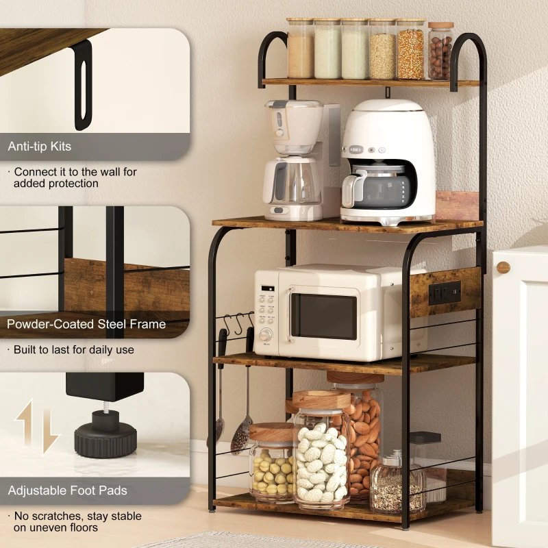 HOMCOM Baker's Rack with Charing Station, Microwave Shelf with Power Outlet, USB Charger and 4 Hooks, Rustic Brown