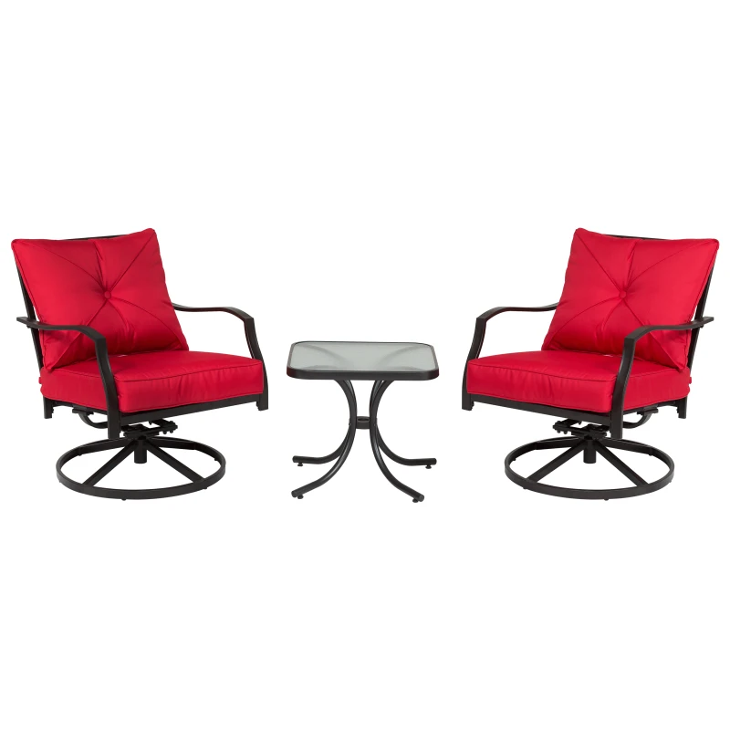 Outsunny 3pcs Outdoor 360° Swivel Metal Rocking Chair with Toughened Glass Coffee Table Set Garden Rocker & Tea Table Set w/ Cushion Red