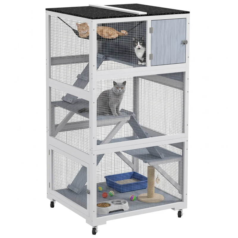 PawHut 34" L Catio Outdoor Cat Enclosure on Wheels with Hammock Multiple Platforms Resting Condo Ramps for 1-3 Cats, Light Grey