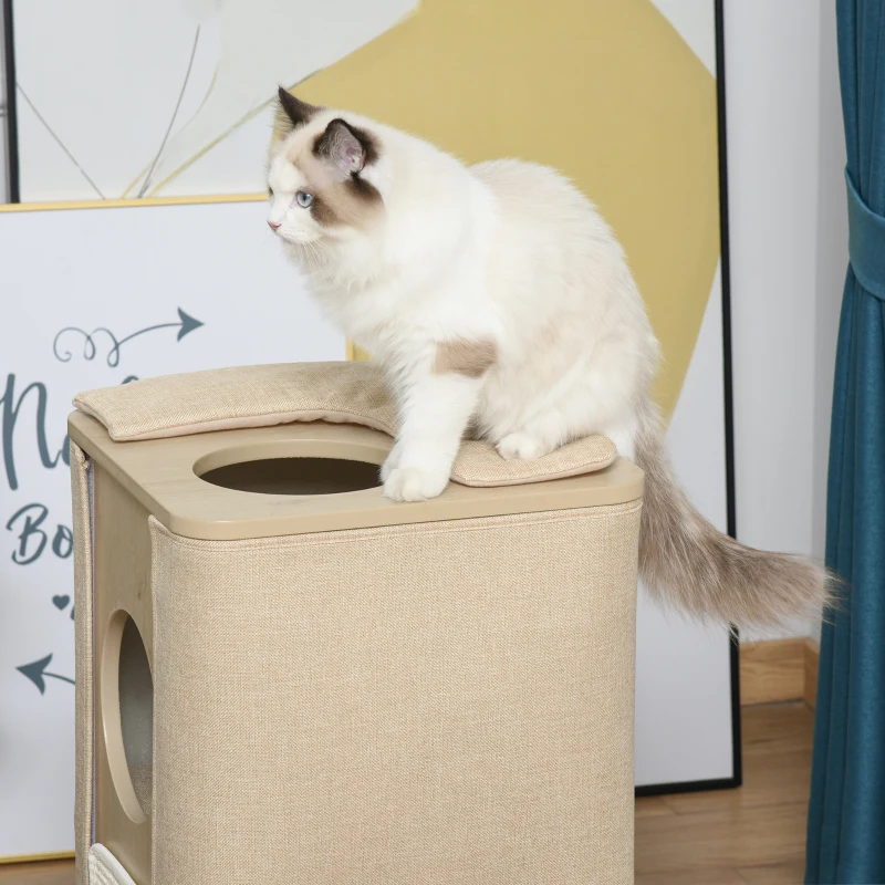 PawHut Wooden Cat Condo 3 Story Barrel Tower w/ Perch Removable Cover Cushions Sisal Scratching Carpet, Brown