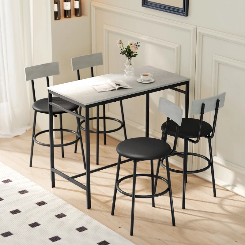 HOMCOM 5-Piece Bar Table Set, Industrial Bar Table and Stools for 4 with Footrest and Steel Frame for Kitchen, Cement Grey