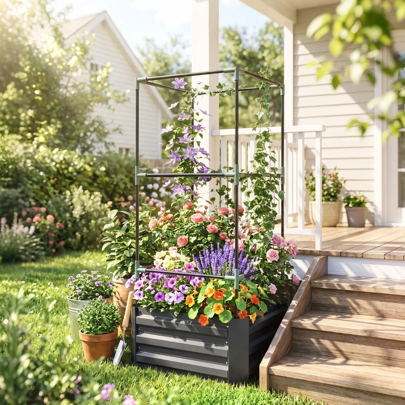 Outsunny Galvanized Planter Box, 24" x 24" x 55" Raised Garden Bed with Tomato Cage for Climbing Vines, Dark Gray