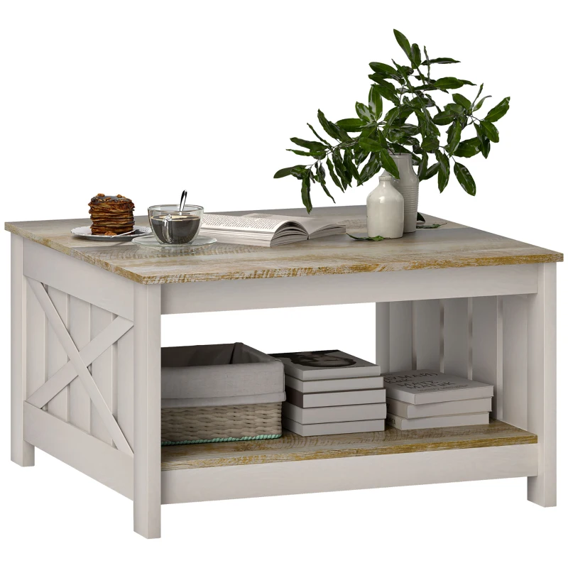 HOMCOM 31.5" Square Coffee Table, Farmhouse 2-Tier Center Table for Living Room, Distressed Oak and Brown