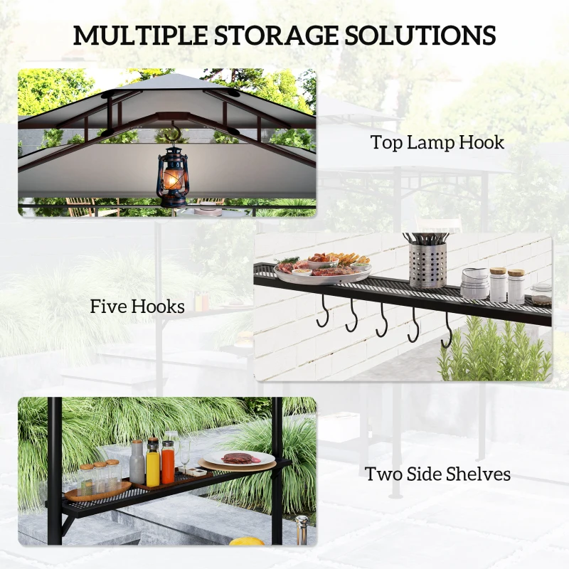 Outsunny 8' x 7.6' Grill Gazebo, Double Tiered Barbecue Grill Gazebo Shelter w/ Side Awning, 2 Side Shelves, 6 Hooks, Dark Grey
