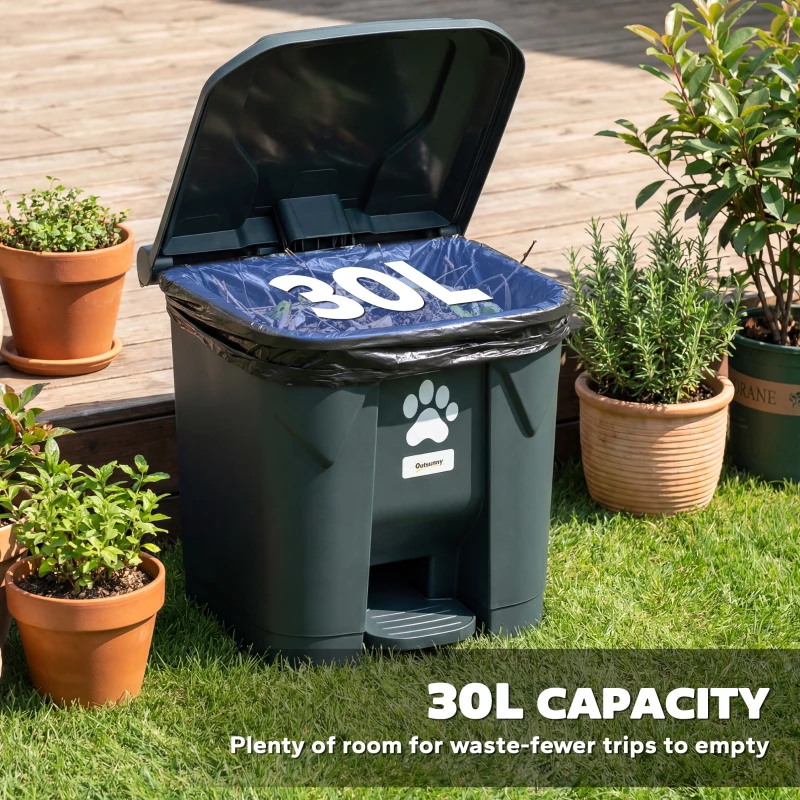 Outsunny Dog Poop Outdoor Garbage Bin, 8 Gal Pet Waste Garbage Can with Lid and Pedal, Waterproof Plastic Trash Can, Dark Grey