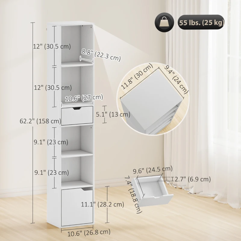 HOMCOM 6-Tier Bookcase, Tall Narrow Bookshelf with Drawer and Door, White