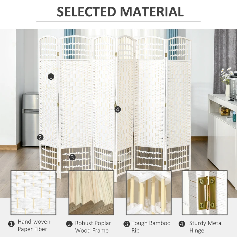 HOMCOM 6 Panel Room Divider, 5.6 ft Tall Folding Privacy Screen, Wave Fiber Freestanding Partition Wall Divider for Home Office, White