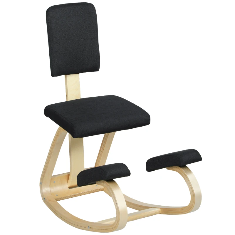 HOMCOM Ergonomic Kneeling Chair, Rocking Wood Kneel Stool with Backrest for Improve Posture, Back Pain, Black