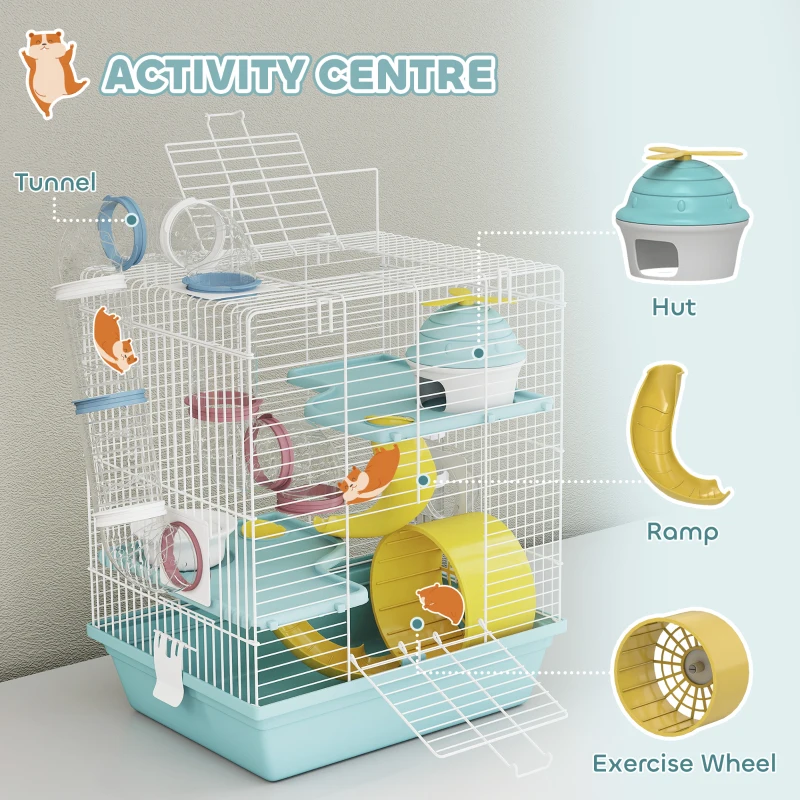 PawHut 3-Level Hamster Cage with Exercise Wheel, Play Tube, Water Bottle, Food Dish, Hut, Ladder, Blue