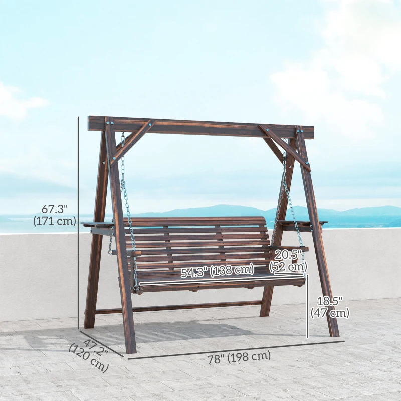 Outsunny 3 Seat Wooden Porch Swing with Stand, Patio Swing with Side Tables, for Garden, Poolside, Backyard, Carbonized Brown