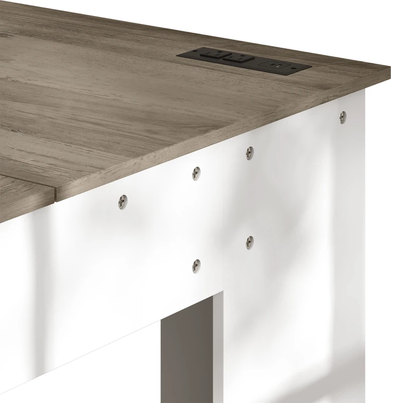 HOMCOM L Shaped Computer Desk with Power Outlets & USB Charging, Corner Desk with 6 Drawers, Hanging Bar, Brown and White