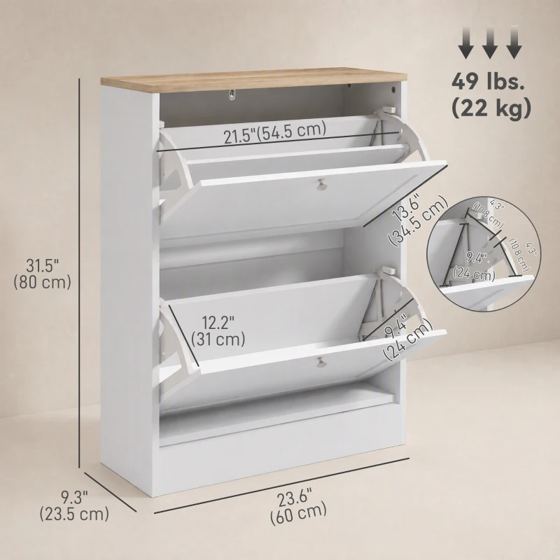 HOMCOM Slim Shoe Storage Cabinet, Modern Shoe Cabinet with 2 Flip Drawers and Adjustable Shelves for 8-12 Pairs, White