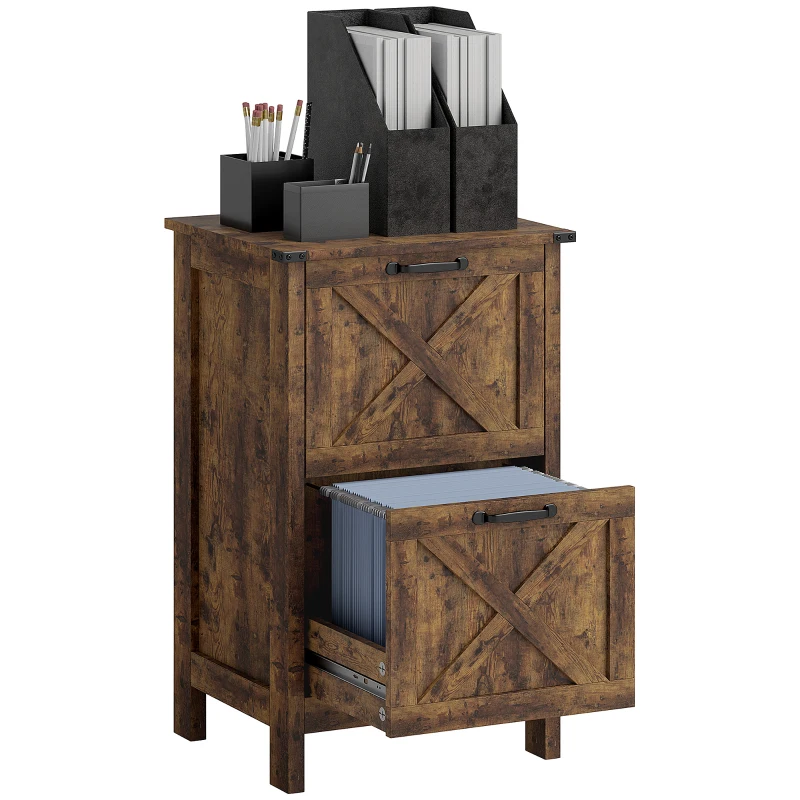 HOMCOM Vertical Filing Cabinet with 2 Drawers, Rustic Farmhouse Office Storage Cabinet for A4, Letter Size, Rustic Brown