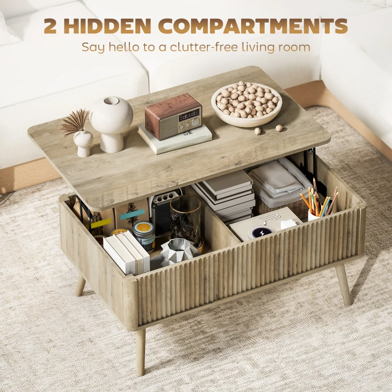 HOMCOM Lift Top Coffee Table with Storage, Center Table with Hidden Compartments and Pine Wood Legs for Living Room, Oak
