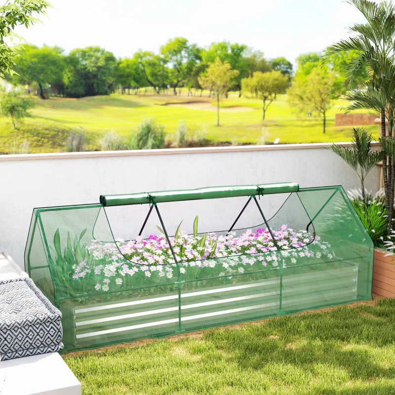Outsunny 8.6 x 3 x 1ft Raised Garden Bed with Mini Greenhouse, Galvanized Raised Garden Bed with Cover for Herbs and Vegetables, Small Greenhouse for Patio Garden Balcony, Green