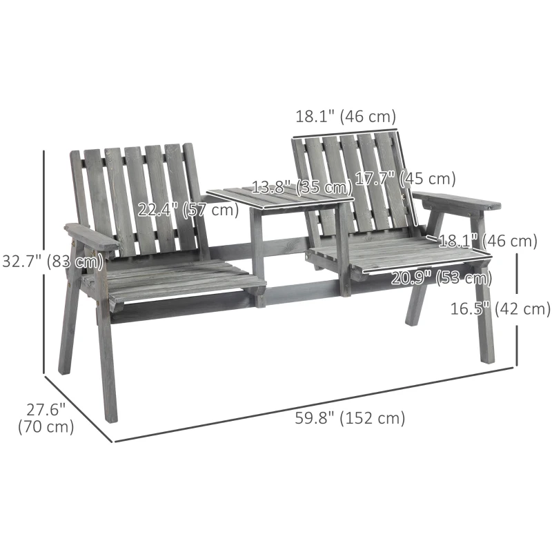 Outsunny 2-Seater Outdoor Bench with Middle Table, Wooden Garden Bench with Parasol Hole, Patio Loveseat for Yard, Porch, Grey