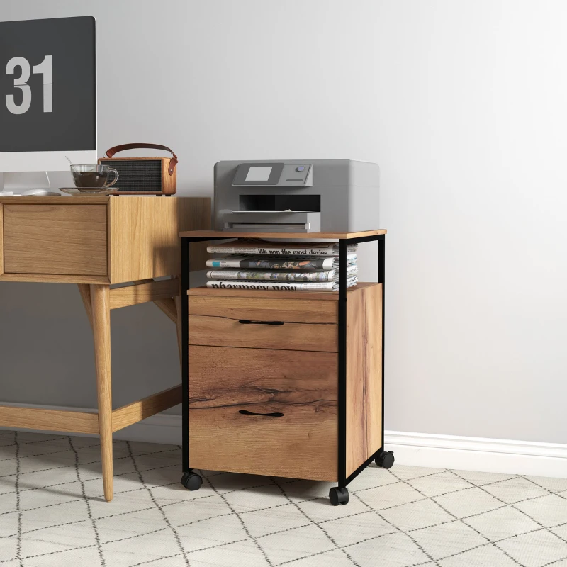 Vinsetto Vertical Filing Cabinet with Wheels, 26.2" Tall File Cabinet with 2 Drawers, Open Shelf, Hanging Bars for Letter and A4, Industrial Home Office Printer Stand, Rustic Brown