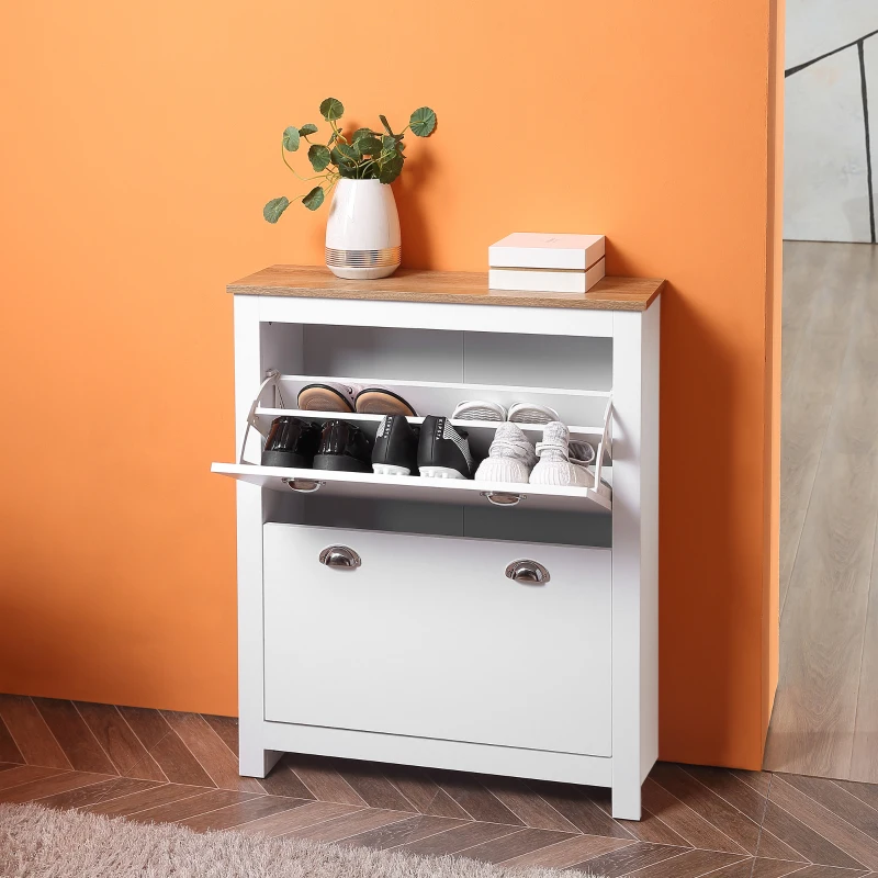 HOMCOM Modern Shoe Cabinet with 2 Flip Drawers and Adjustable Shelves, 12 Pair Shoe Storage Organizer for Hallway, White
