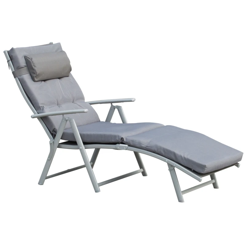 Outsunny Lounge Chair Outdoor, Folding Patio Chaise Lounger, 360 lbs 7-Position Adjustable Back Outdoor Recliner with Cushion, Headrest for Garden, Backyard, Poolside, Grey