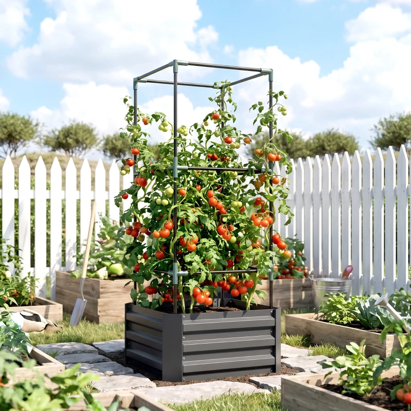 Outsunny Galvanized Planter Box, 24" x 24" x 55" Raised Garden Bed with Tomato Cage for Climbing Vines, Dark Gray