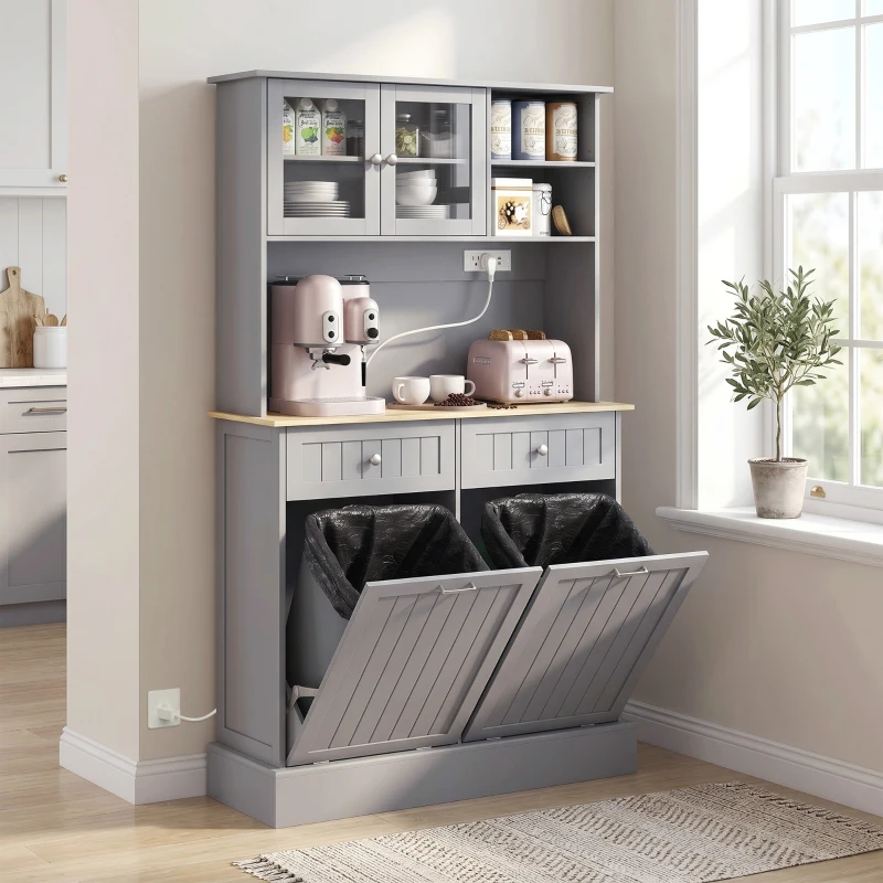 HOMCOM Kitchen Cabinet with Charging Station, 2 Tilt Out Cabinets, Microwave Stand, Freestanding Kitchen Pantry Cabinet, Grey