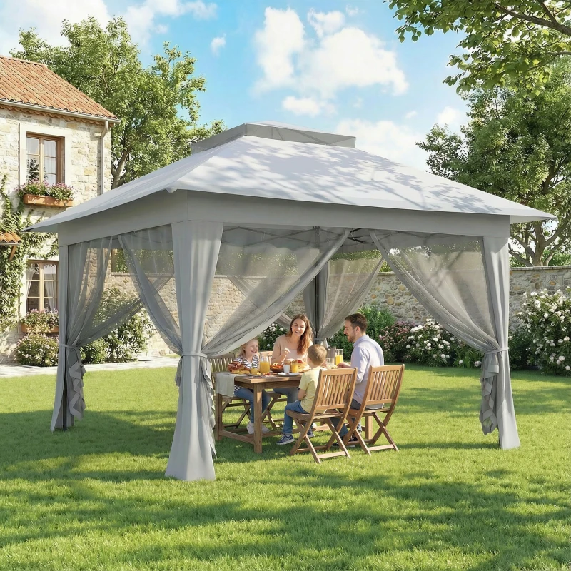 Outsunny 12' x 12' Foldable Pop-up Party Tent Instant Canopy Sun Shade Gazebo Shelter Steel Frame Oxford w/ Roller Bag, Light Grey