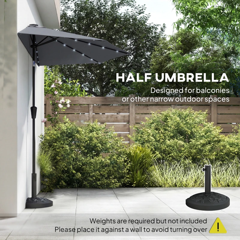 Outsunny Half Outdoor Patio Umbrella with Solar LED Lights Half Umbrella with Crank 9ft Dark Grey