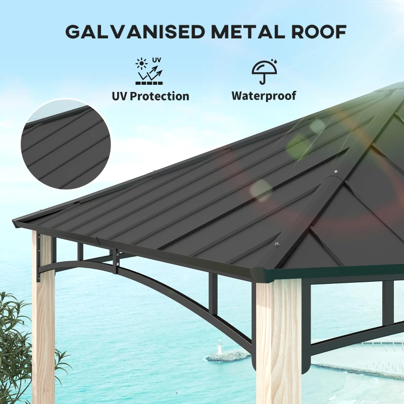 Outsunny 10' x 12' Hardtop Gazebo with Metal Roof, Wood Grain Frame Outdoor Gazebo Canopy for Patio, Garden, Backyard, Lawn