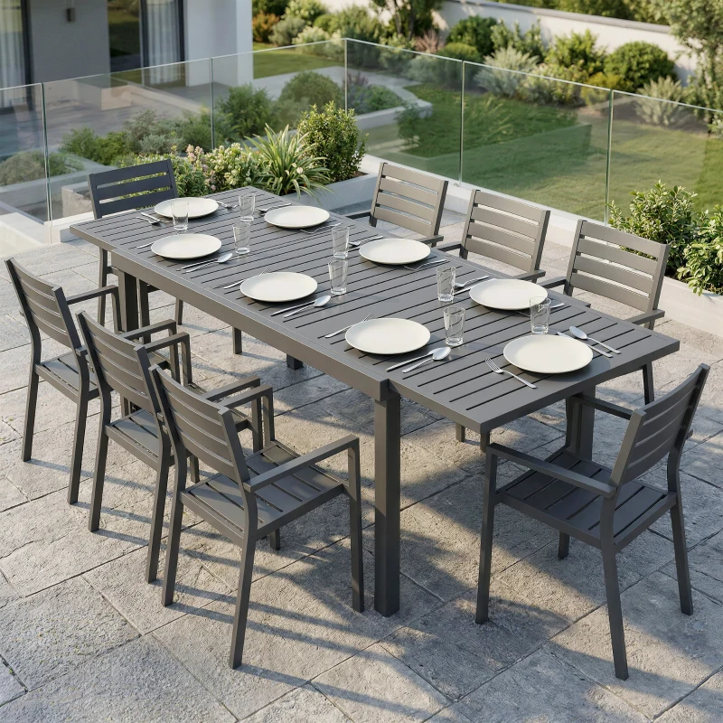 Outsunny Expandable Outdoor Dining Table for 6-8 People, 59"-89" Aluminum Patio Dining Table with Slatted Top, Dark Grey