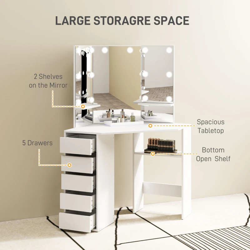 HOMCOM Makeup Vanity Desk with 3-Panel Mirror and 10 LED Lights, Dressing Table with 5 Drawers and Shelves for Bedroom, White