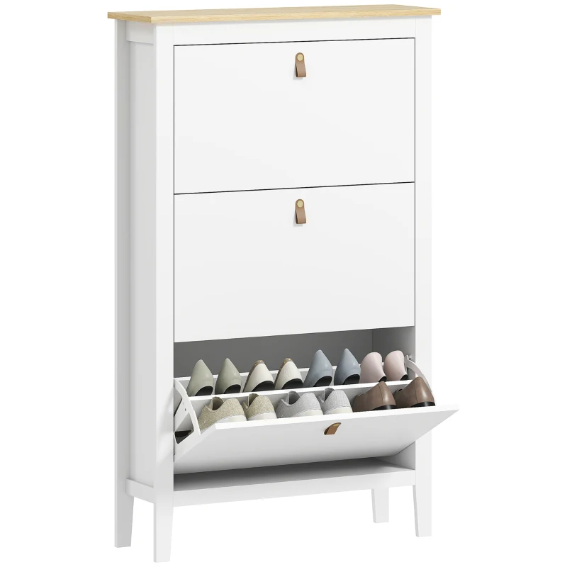 HOMCOM Narrow Shoe Cabinet with 3 Flip Drawers, Adjustable Shelves for Entryway, Holds 15-21 Pairs, White