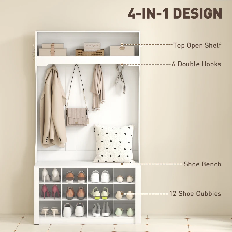 HOMCOM 4-In-1 Hall Tree with Bench and Shoe Storage, Farmhouse Coat Rack Shoe Bench with 12 Shoe Cubbies, 6 Hooks, White