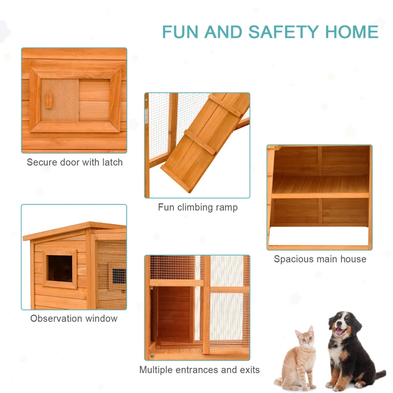 PawHut Outdoor Catio, Cat House Wooden Feral Cat Shelter, Cat Cage with Platforms, Waterproof Asphalt Roof, Ramps, 77" L, Natural