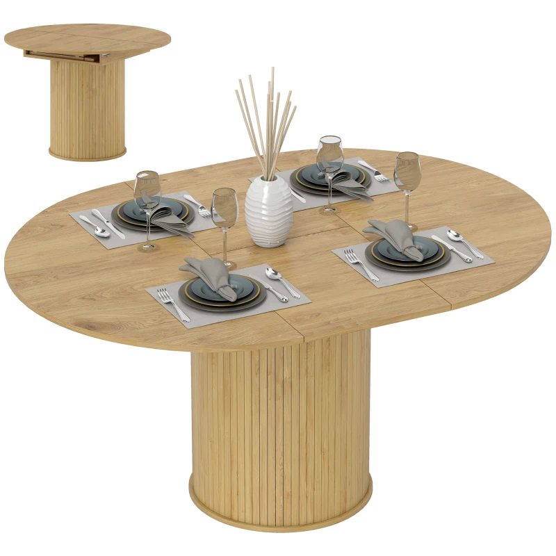 HOMCOM Extendable Kitchen Table for 6-8, 43.5"-59" Farmhouse Dining Table with Pedestal Base Natural Wood Finish