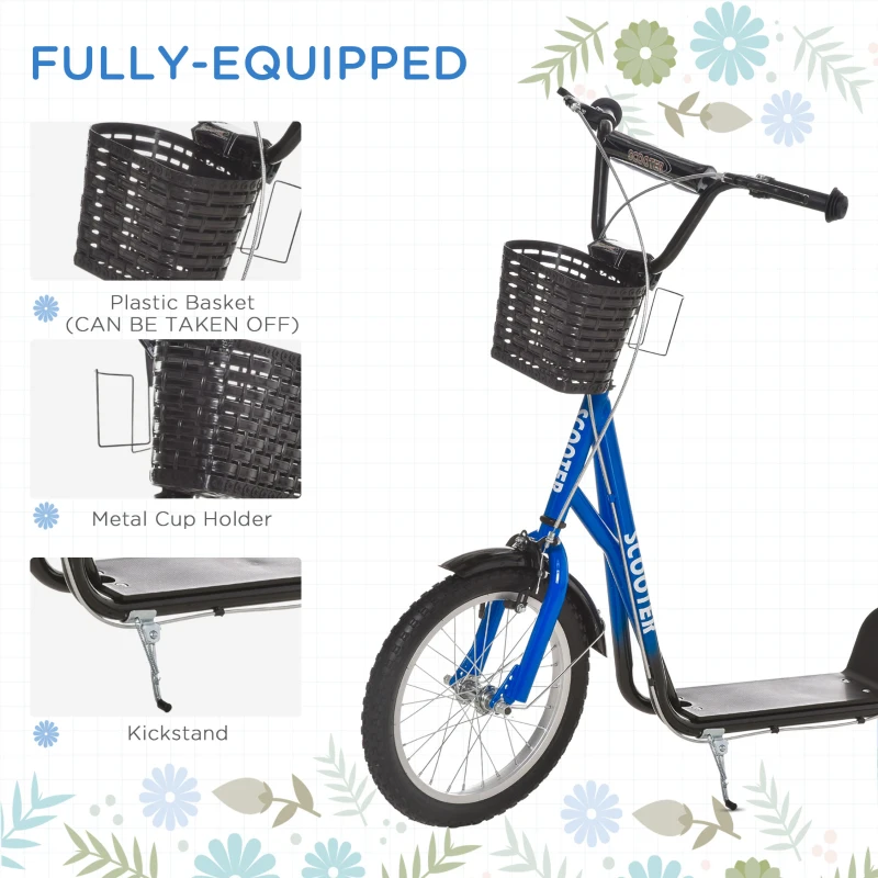 Aosom Kick Scooter with Adjustable Handlebar, Kids Scooter with 2 Brakes Basket Cupholder 16" Inflatable Rubber Tyres Blue