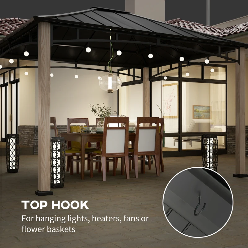 Outsunny 10' x 12' Hardtop Gazebo with Metal Roof, Wood Grain Frame Outdoor Gazebo Canopy for Patio, Garden, Backyard, Lawn