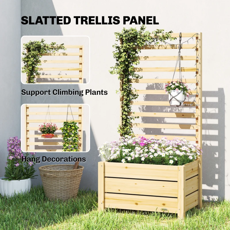 Outsunny Wooden Raised Garden Bed with Trellis, Outdoor Elevated Planter Box with Drainage Hole and Bed Liner