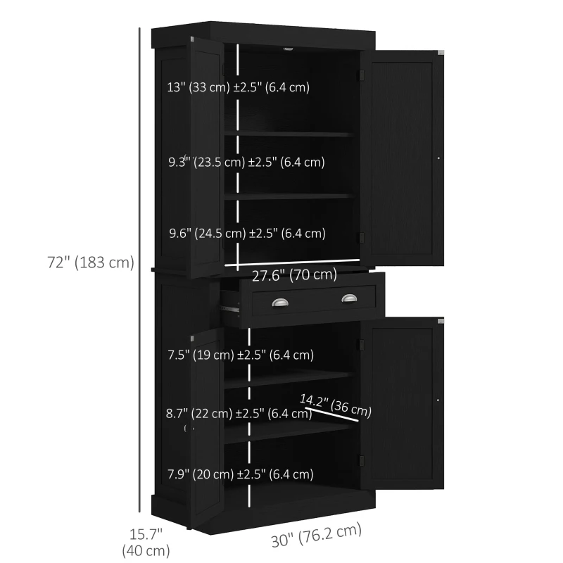 HOMCOM 72" Tall Pantry Cabinet, Kitchen Storage Cabinet with 4 Doors, Drawer and 2 Adjustable Shelves, Black Wood Grain
